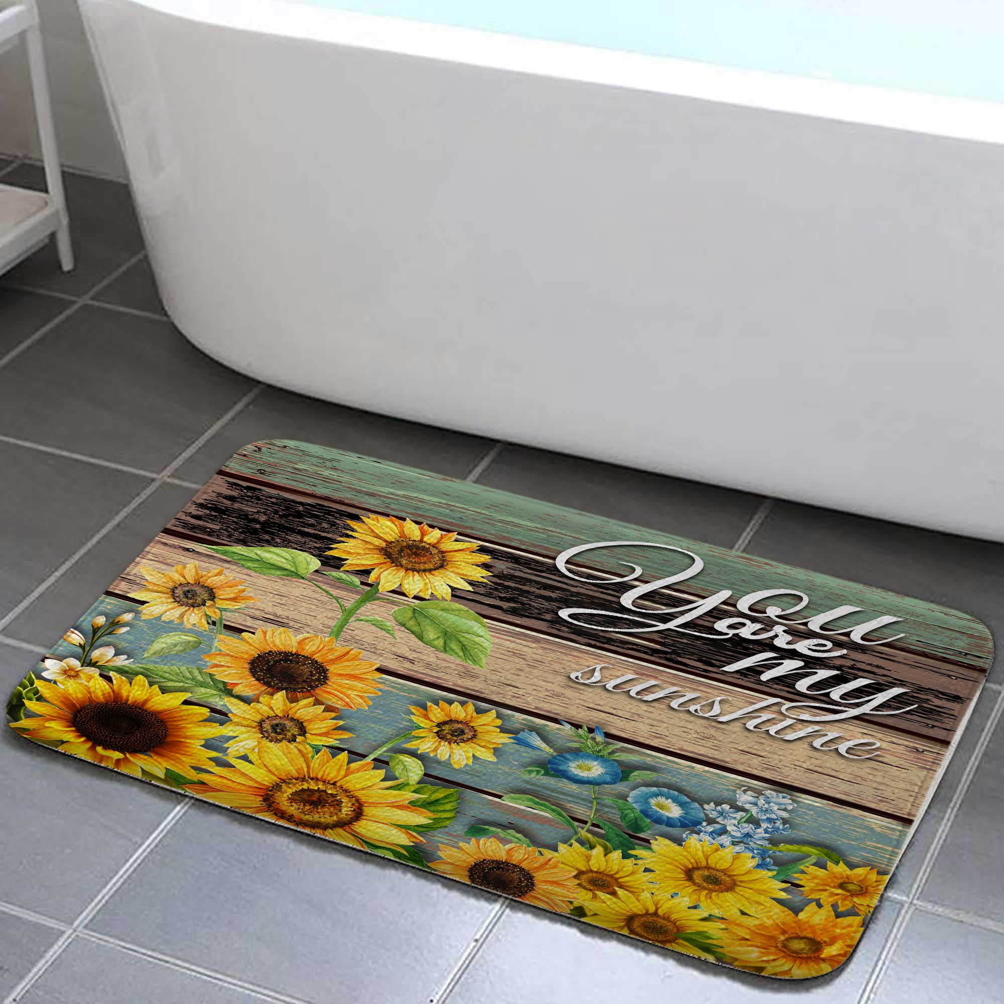 Sunflower Bath Mats, Yellow Floral Rustic Farmhouse Bathroom Mat, You