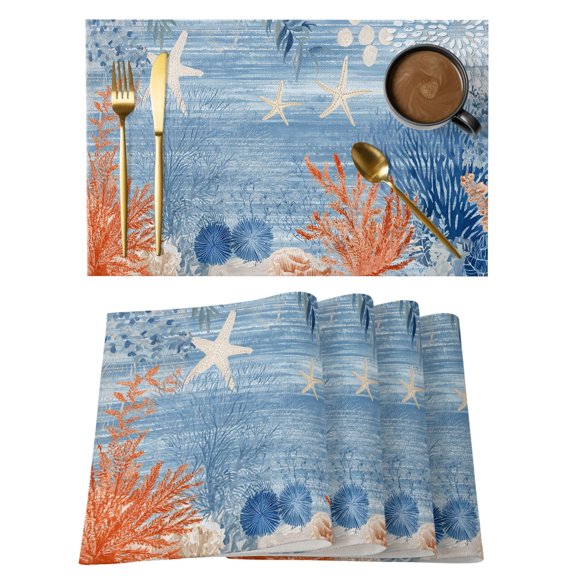 Orange Navy Blue Coral Placemats Set of 4 Summer Beach Coastal Ocean Ombre Place Mats Indoor Wipeable Table Mats Washable Cloth Dining Table Placemats for Kitchen Holiday Party Home Decor 13x19 Inch