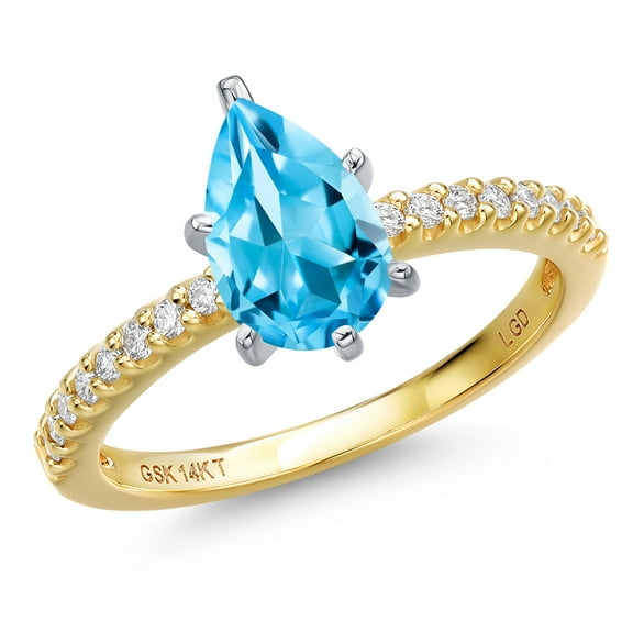 Gem Stone King 14K Two Tone Gold Swiss Blue Topaz and Lab Grown Diamond Engagement Ring for Women | 1.73 Cttw | Pear Shape 9X6MM | Gemstone November Birthstone | Size 9