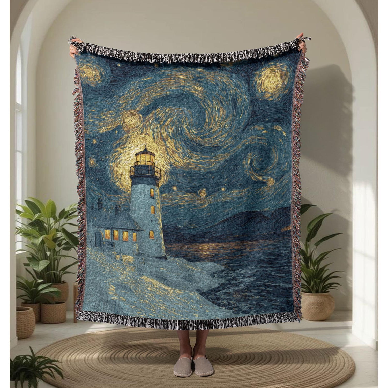 Starry Night Lighthouse Woven Throw Blanket Cotton with Fringed Edges as a Bedroom Accent