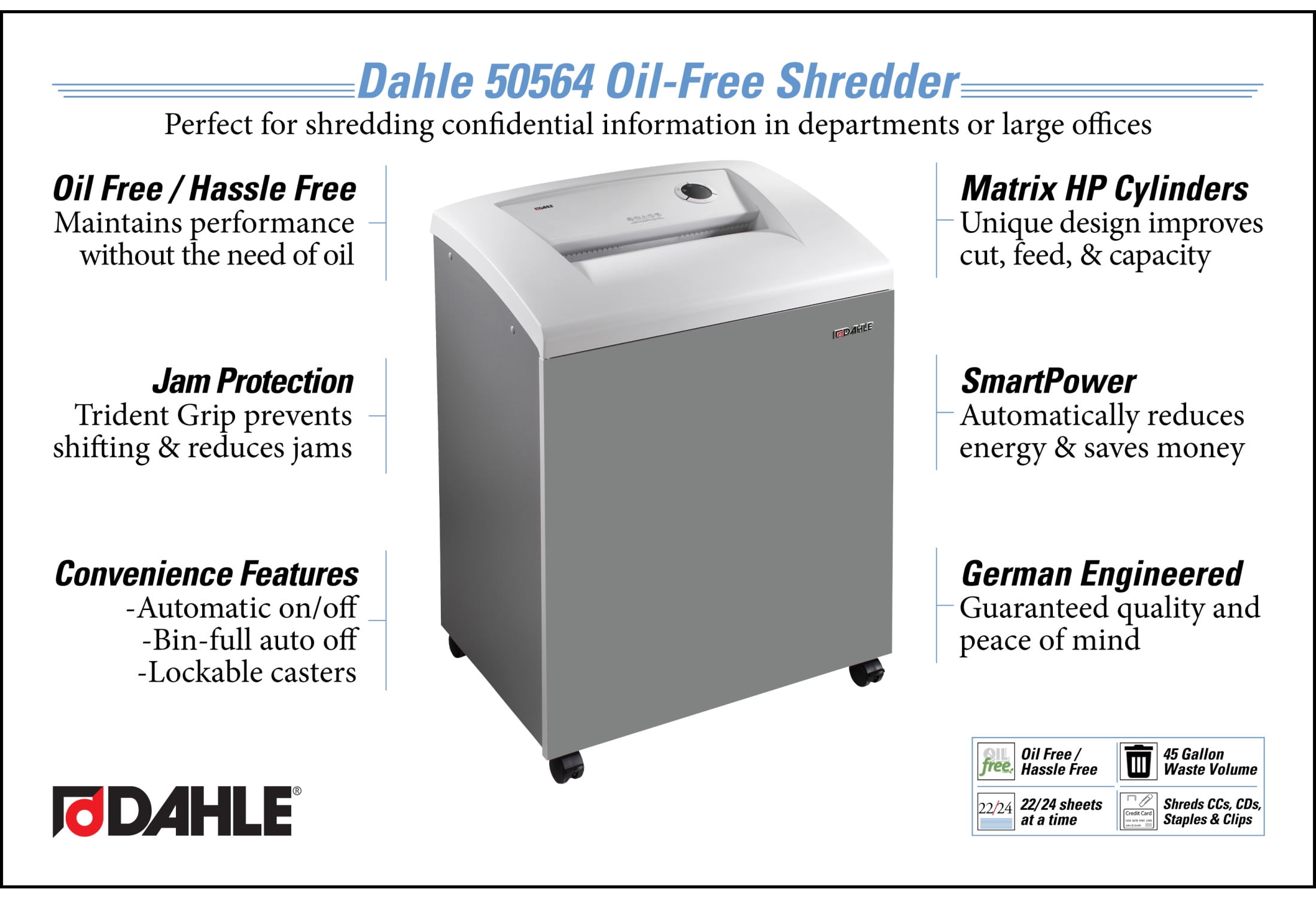 Dahle 50564 Oil-Free Paper Shredder w/Jam Protection, German Engineered, 22 Sheet Max, Level P-4 | O-3