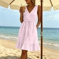 thumbnail image 6 of Ahabrexf Womens Summer Ruffled Hem Dresses, Sleeveless V Neck Drawstring Waist Natural Fiber Linen Sundress for Casual Vacation Wear, 6 of 9