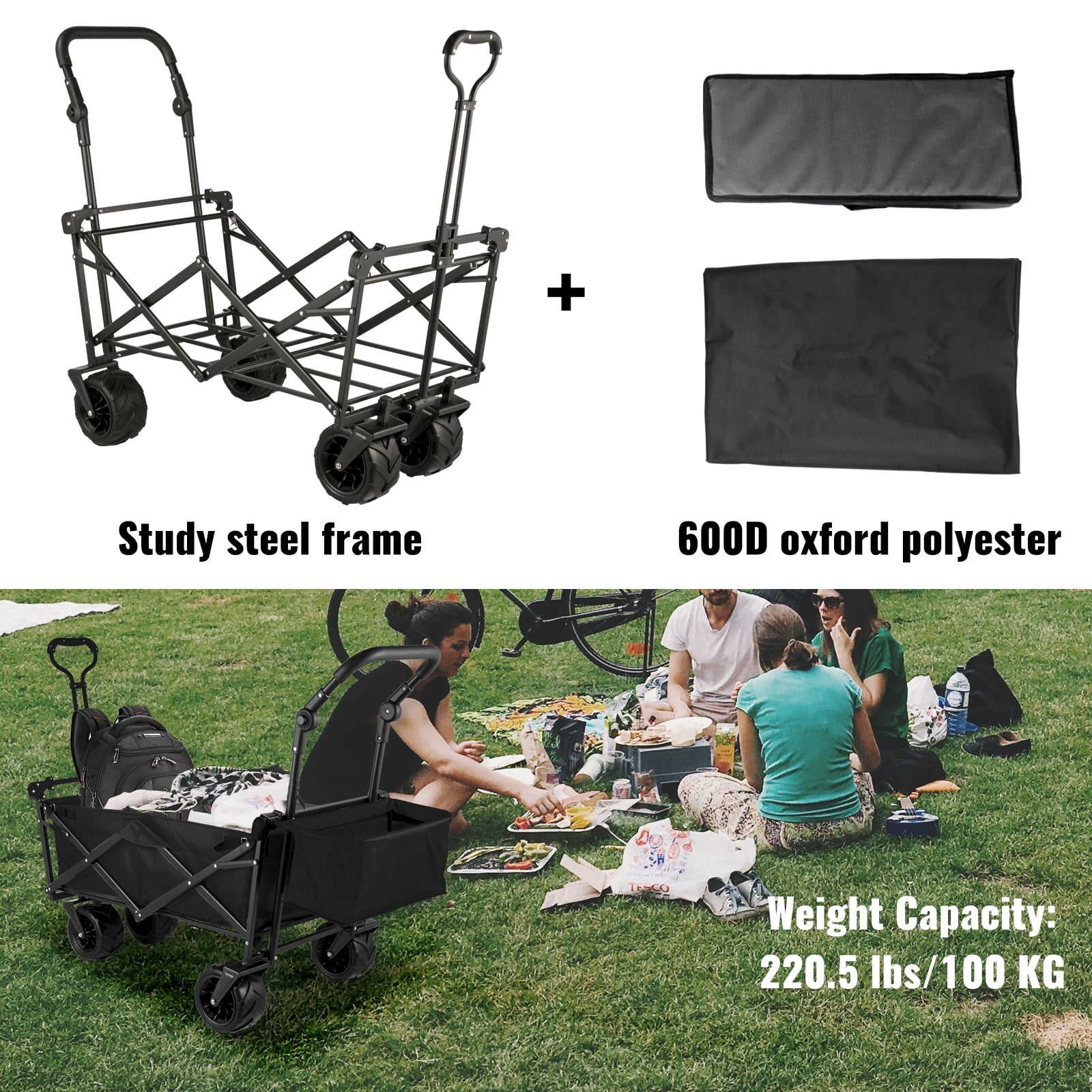 BENTISM Steel Garden Wagon Cart with Adjustable Handles