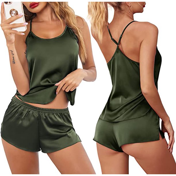 Conjunto de Pijama de satén de encaje para mujer, ropa de dormir Sexy, Tops sin mangas y pantalones cortos, conjuntos de 2 piezas qym unisex