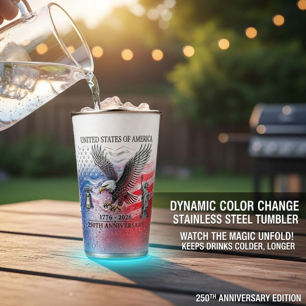 Patriotic Color Changing Cups, 250th Anniversary USA Stainless Steel Tumbler 16.9 oz, Cold Activated Red White Blue Reusable Drinking Mug