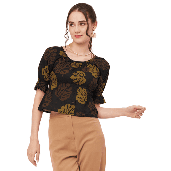 Moomaya Printed Cinched Waist Top, Half Sleeve Round Neck Retro Tops For Women