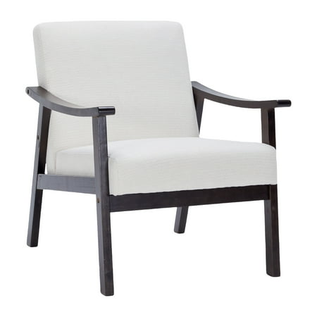 PAPROOS Accent Chair for Living Room, Mid-Century Modern Upholstered Reading Armchair with Solid Wood Arms, Comfy Bedroom Lounge Chair, White
