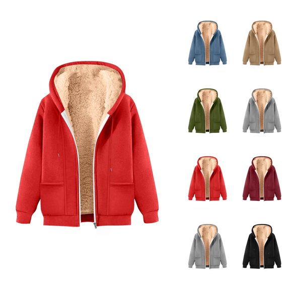 Heavyweight Zip Up Hoodie for Women 2026 Winter Warm Casual Solid Color Hooded Sweatshirt with Pockets Jacket Outerwear