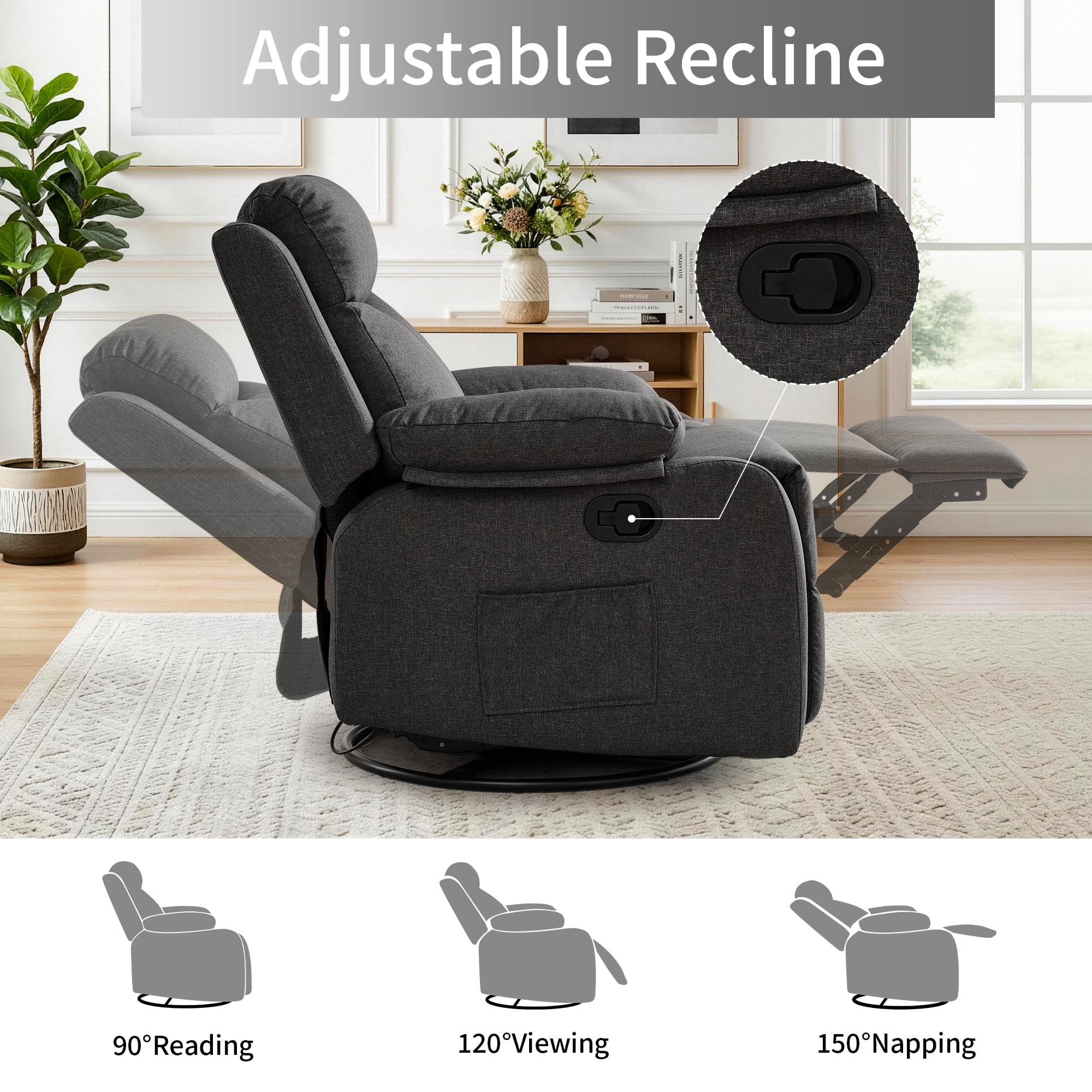GEEYOO Manual Swivel Rocker Recliner Chair with Side Pockets,Small Recliner Chair for Small Spaces,Upholstered Linen Fabric Glider Nursery Chair for Living Room,Dark Grey