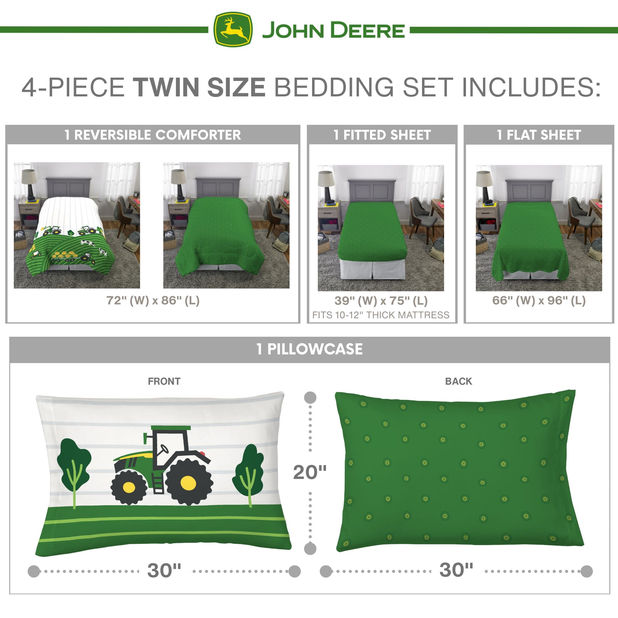 John Deere Kids 4 Piece Green White Reversible Comforter, Bed in a Bag, Twin