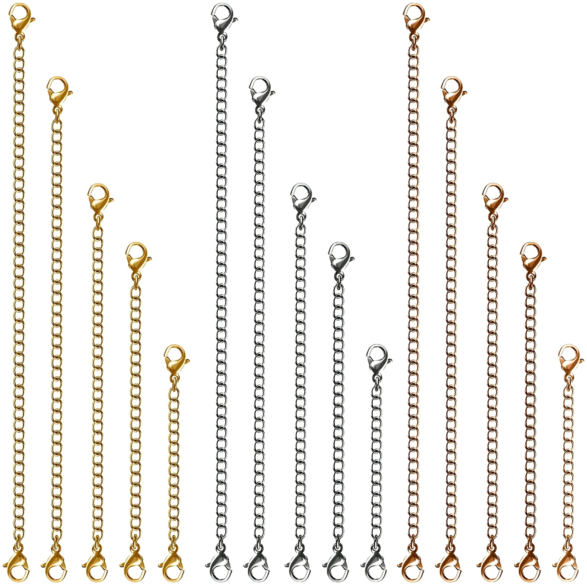 TELOLY Necklace Extenders, 15 Pcs Stainless Steel Gold Silver Necklace Bracelet Anklet Extension Chains with Lobster Clasps and Closures for Jewelry Making