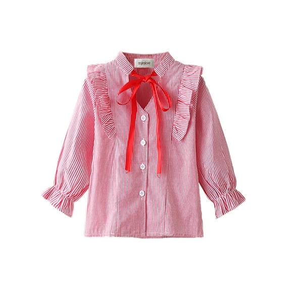 stylesilove Kids Girl Stand Collar Long Sleeve Ruffle Trim Stripe Cotton Shirt (110/3T, Red)