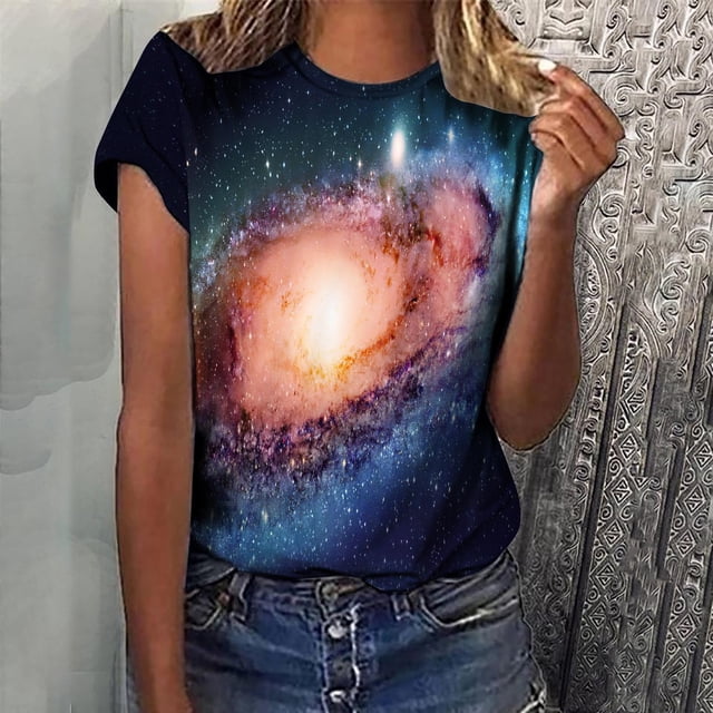 Aqestyerly T-Shirt à Manches Courtes Col Rond Imprimé Ombré pour Femmes - Hauts Mode Décontracté Blouse Ample Dégradé de Pierre T-Shirt Col Rond Blouse Imprimée