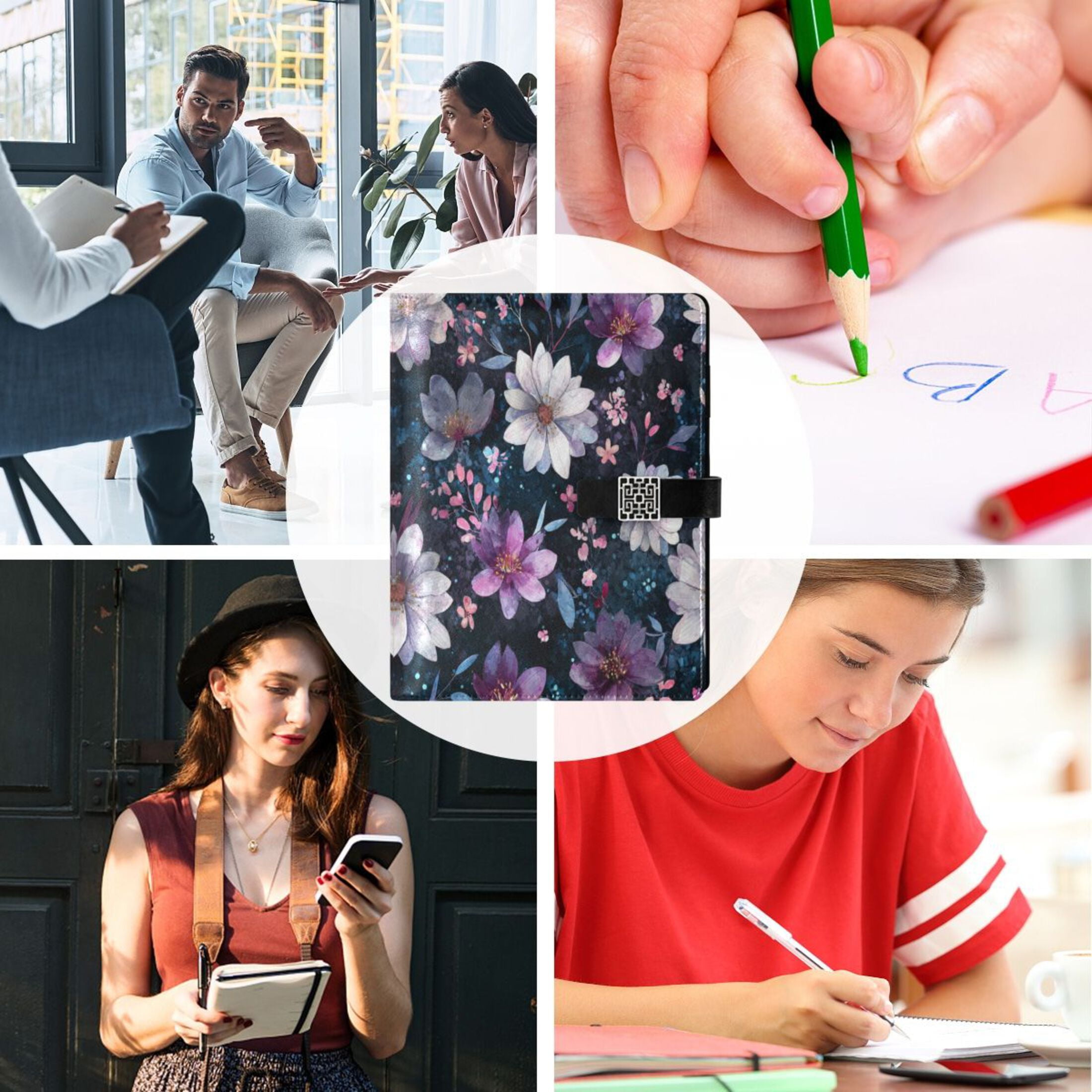 Leather Planner Leather Notebook Notebook Journal Binder Design Pen Pocket Design Convenient for Storage Purple Flowers