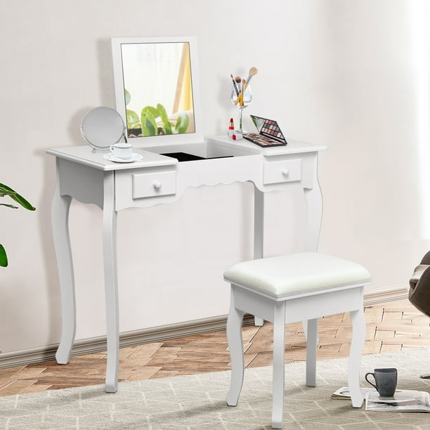 Costway Vanity Dressing Table Set Mirrored Bathroom W Stool Costway Vanity Dressing Table Set