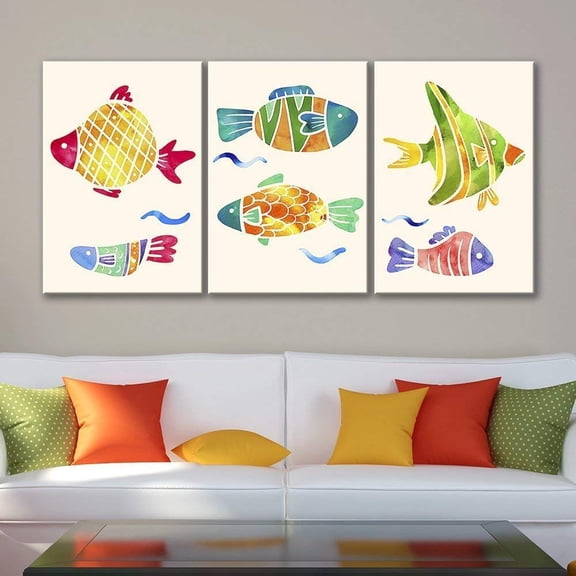 wall26 3 Panel Canvas Wall Art - Watercolor Style Colorful Fish - Giclee Print Gallery Wrap Modern Home Art Ready to Hang - 16"x24" x 3 Panels