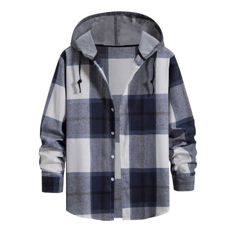 Mens Plaid Hooded Shirts,Men's Long Sleeve Hoodie Jacket Loose Plaid Button  Down Flannel Shirts,Mens Cotton Plaid Shirt Jacket,Clearance Flannel Jacket  