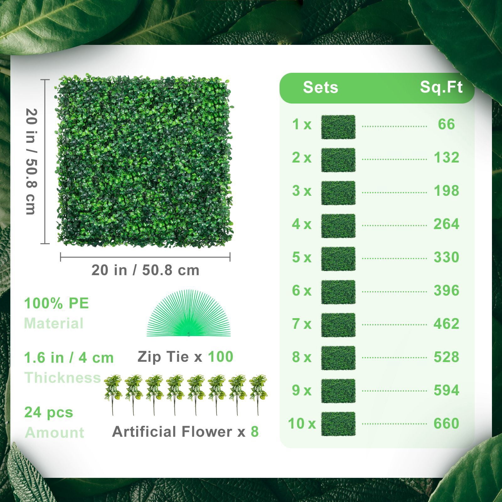 20''x20'' Artificial Boxwood Hedge Panels, 24PCS Privacy Green Grass Wall 1.6" Thick SGS Certified PE Foliage Backdrop with Zip Ties for Indoor Outdoor Wedding Garden Decor