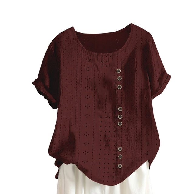 RKSTN Summer Tops for Women Fashion Solid Color Comfortable Mesh Loose Plus Size Blouses Casual Short Sleeve Round Neck Buttons Breathable Versatile Tops