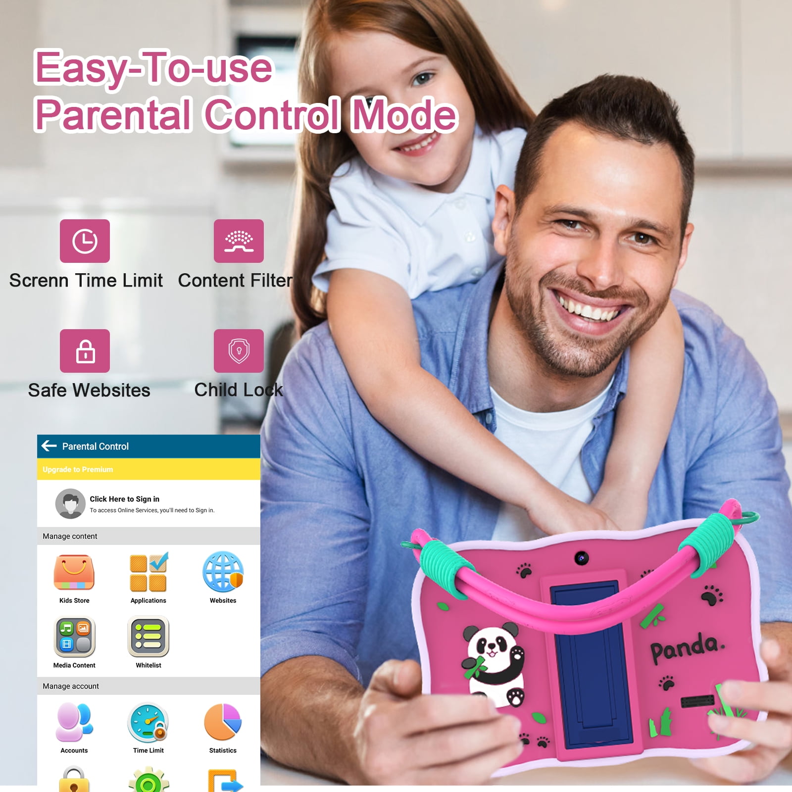 Tablet 7 inch Kids Tablet,Android 13,4GB RAM 32GB ROM,1024x600 Touch Screen with Kid-Proof Case,Parental Control,Pink