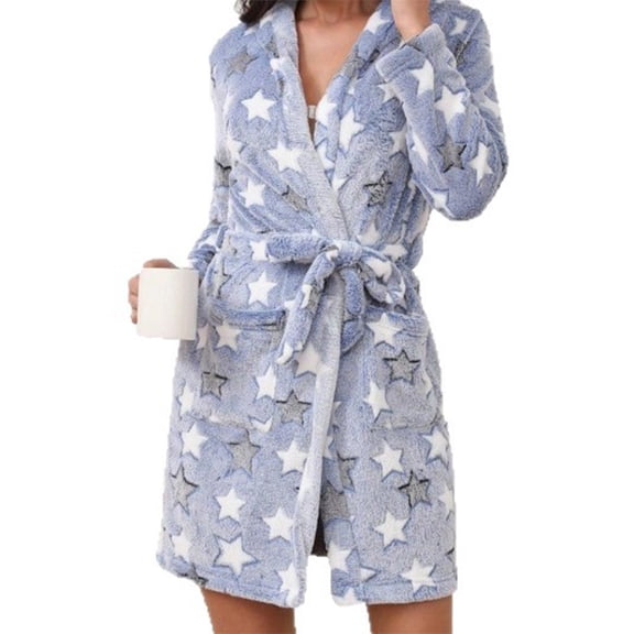 Women Warm Plush Bathrobe Short Housecoat Soft Fleece Fuzzy Spa Robes Ladies Comfort Fall Winter Shower Robe Blue M
