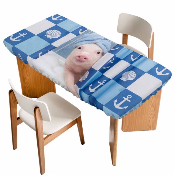 Funny Pig Table Cloths for 6 Foot Rectangle Tables, Cute Art Modern Lovely Animals on Showering Blue Patio Waterproof Elastic Fitted Tablecloths, Washable Rectangular Table Cover for Camping