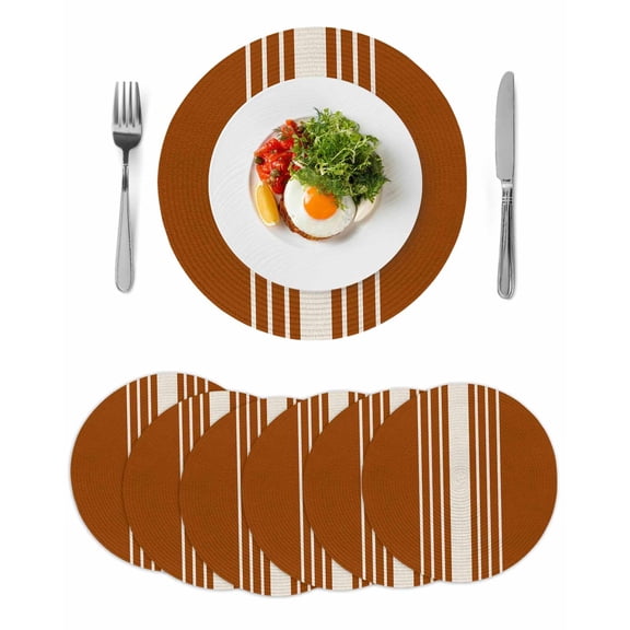 Burnt Orange Beige Striped Round 15 Inch Placemats Set of 6, Modern Farmhouse Retro Lines HeatResistant Non Slip Place Mats for Dining Table, Wipeable Braided Kitchen Table Mats for Housewarming