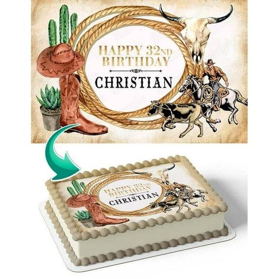 SugarMeLicious Cowboy Cake Image Topper, Personalized 1/4 Sheet Birthday Cake Banner for Parties, Edible Cake Image Topper