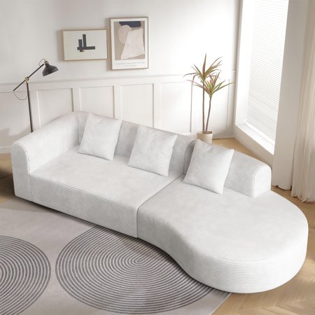FFH 123" Modular Sectional Sofa,Oversized Corduroy Cloud Sleep Sofa with Deep Seat,High Supportive Sponges & 3 Pillow,4 Seater Upholstered Sofas for Living Room,No Assembly Required(White)