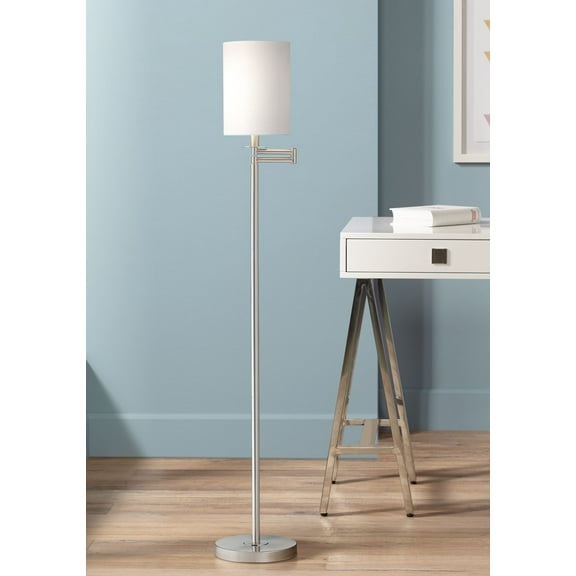 360 Lighting Modern Swing Arm Floor Lamp 60.5" Tall Brushed Nickel White Cotton Cylinder Shade for Living Room Reading Bedroom Office