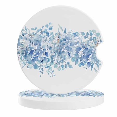 2 Pack Car Coasters Eucalyptus Leaves Ceramic Car Cup Holder Coaster Spring Blue Absorbent Drink Coasters Protects Interior from Spills, Car Interior Accessories