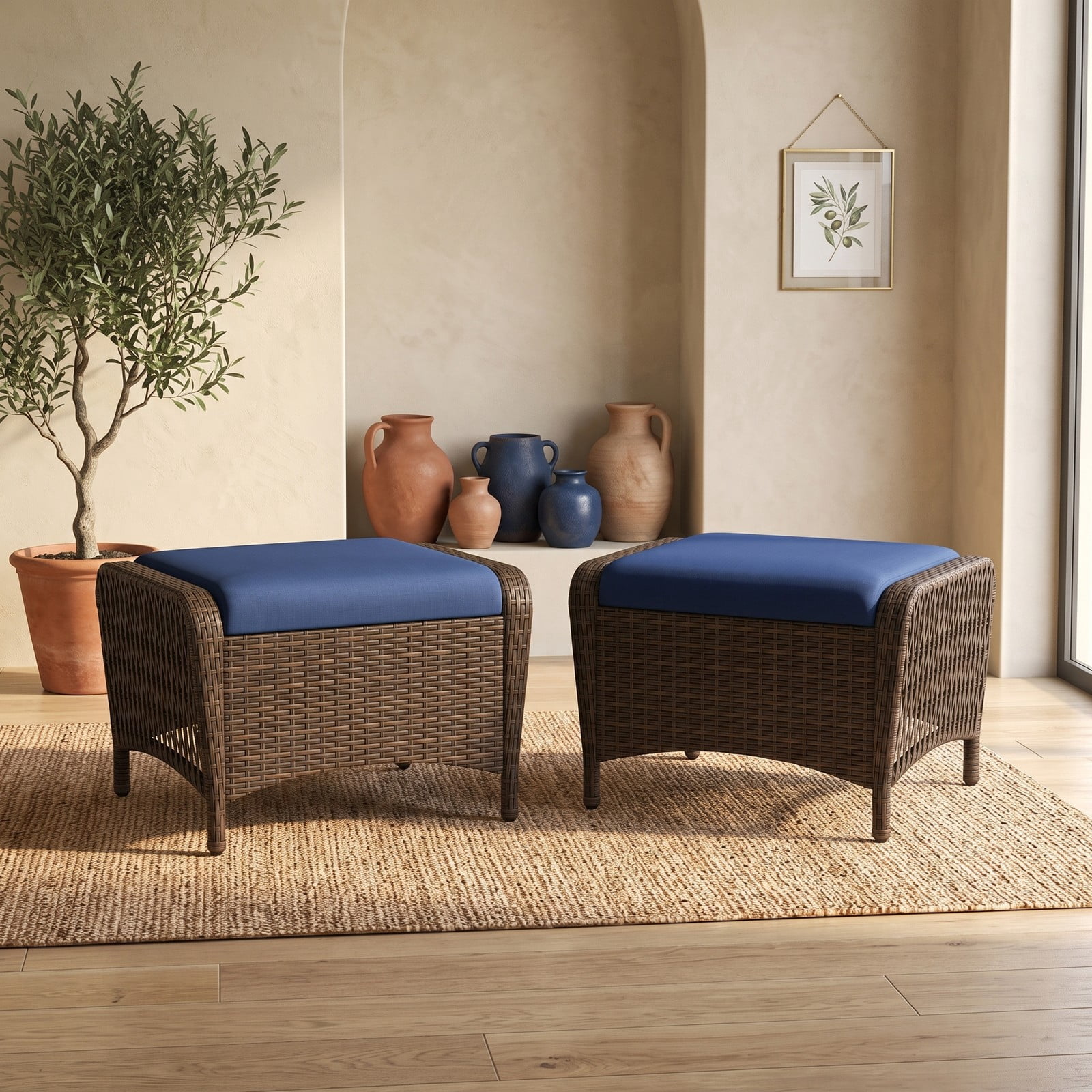 Furnibear Set of 2 Outdoor PE Wicker Patio Ottomans with Removable Cushions for Foot Rest, Extra Seating and Side Table Use, Navy