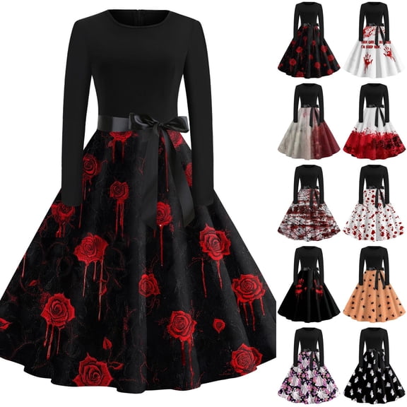 Women's Halloween Dress Ghost Bat Crew Neck 1950s Cocktail Fall Dresses Long Sleeve Hepburn Vintage Casual Tea Length Dress with Belt S