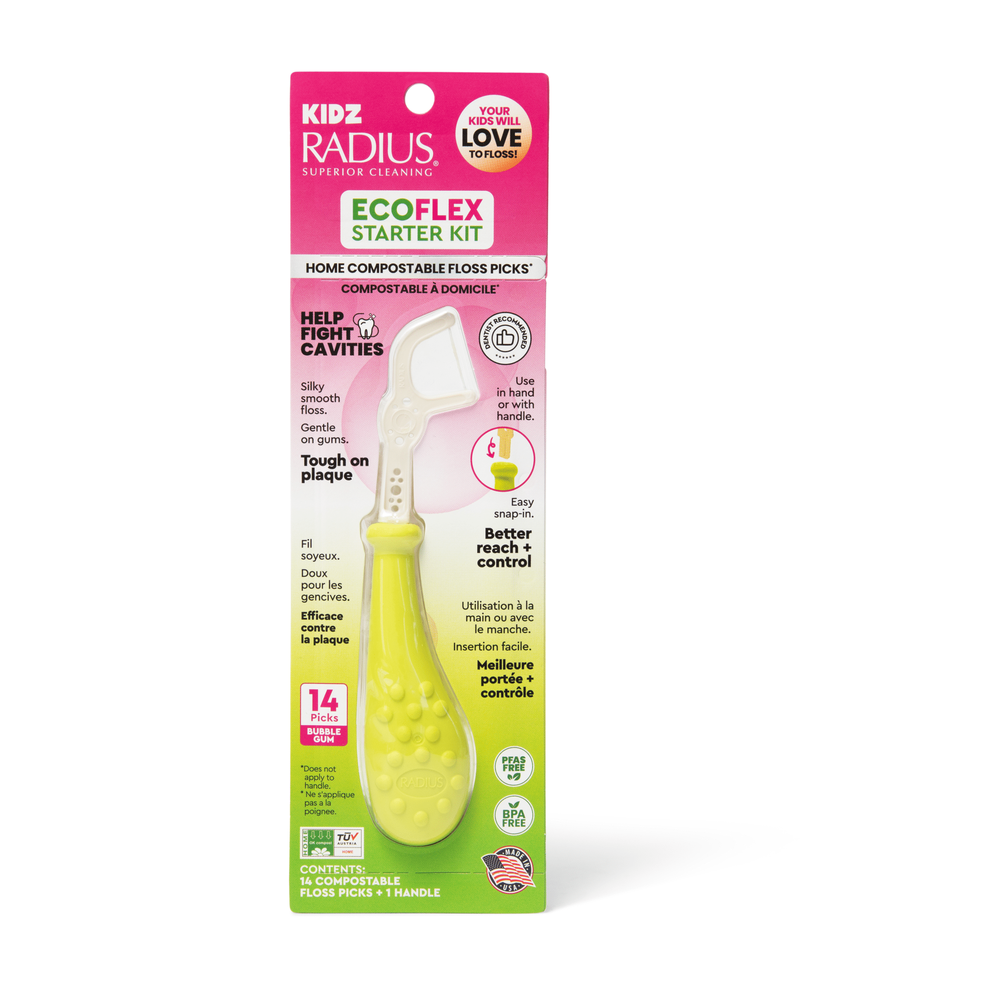 RADIUS Bubblegum EcoFlex Kidz Floss Picks Starter Kit, 14ct Compostable Floss Picks and Reuseable Handle for Kids Oral Care, Non Toxic Tooth & Gum Protection