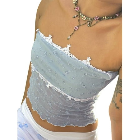

Diconna Women Y2K Lace Off Shoulder Bustier Crop Tops Slim Fit Tube Top Summer Strapless Vest Streetwear Lake Blue M