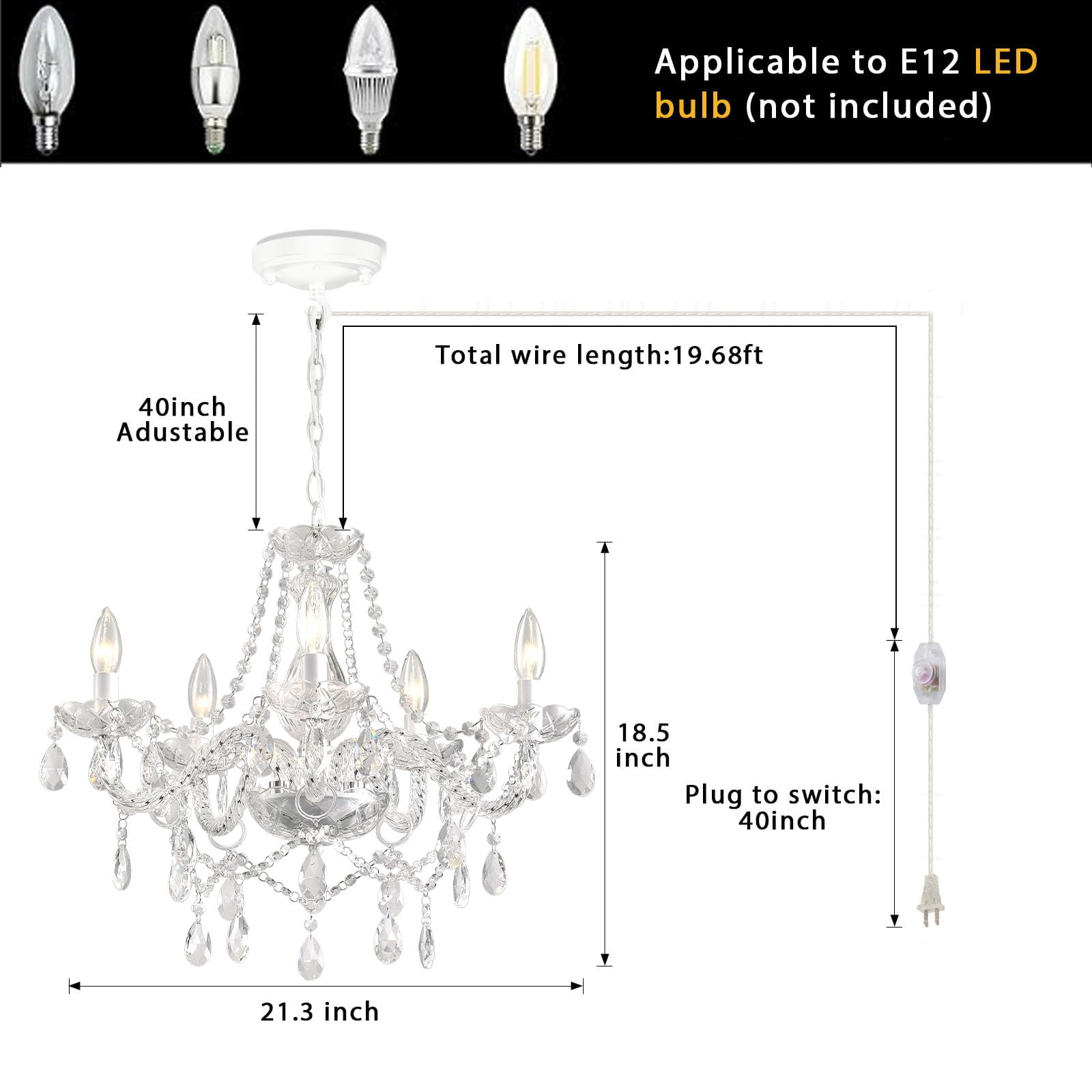 DIMMABLE Plug-in Glass Chandelier 5 Light Crystal, White Hanging Pendant Light Fixture with Cord, Classic Vintage K9 Crystals Beads for Girls' Room Dining Area