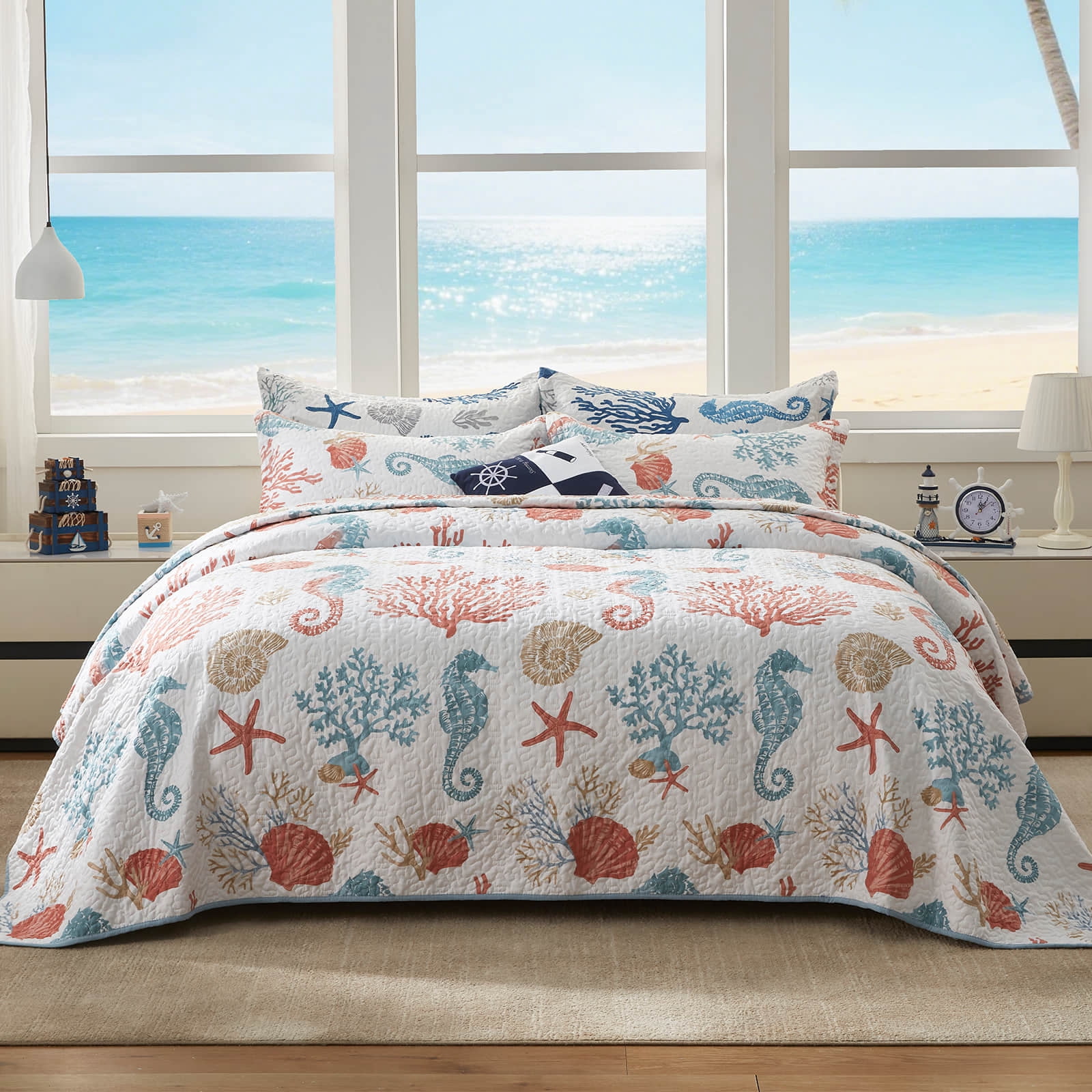 Coastal Quilt Set California King Size - Lightweight Microfiber Reversible Bedspread, 106''x118'', Coral, Includes 2 Shams