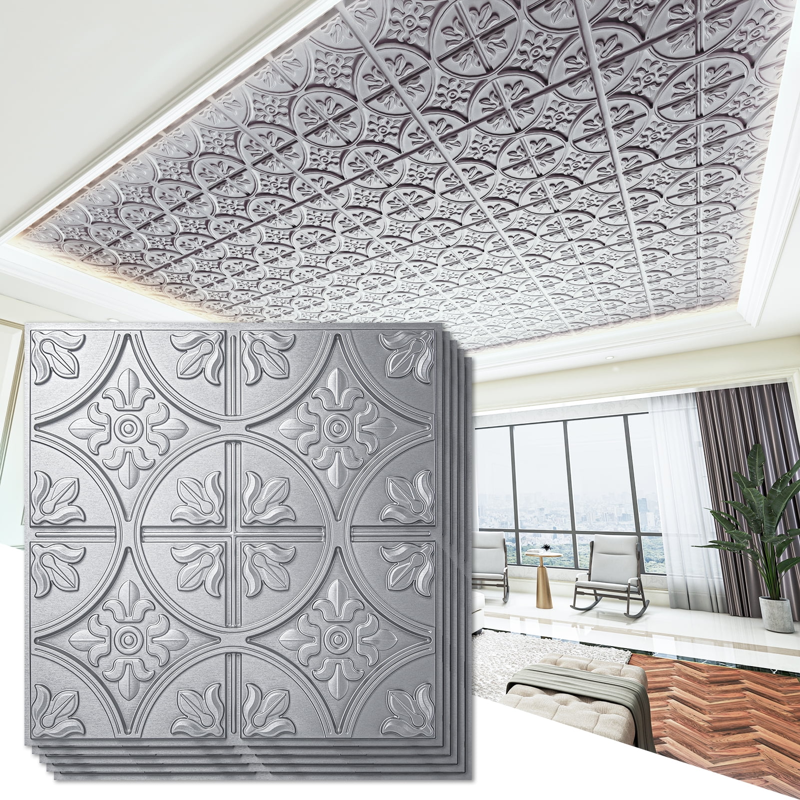 Art3d 12-Piece 24x24 inch PVC Ceiling Tiles, Fancy Classic Style in Argent Silver