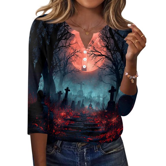 Shirts for Women Halloween Funny 3/4 Sleeve Tops Spooky Halloween Printed Pullover Horror Button V Neck T Shirts Holiday Three Quarter Length Blouses, XL