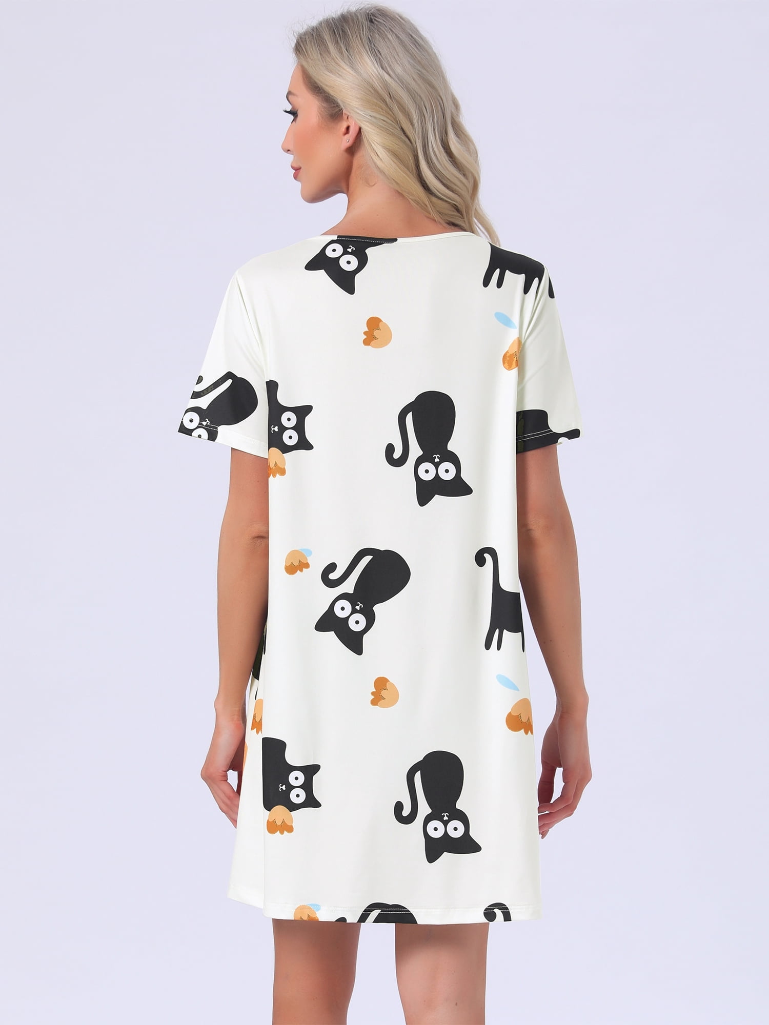 DARING DIVA Women's Short Sleeve Nightgown Soft Stretchy Pajama Dress S Black Cats