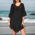 thumbnail image 5 of JIAYUE Women's Swimsuit Cover-Ups Solid Color O-Neck Crochet 3/4 Sleeve Sexy Hollow Above Knee Backless Beach Bathing Suit Cover Up Dresses, 5 of 5