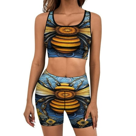 Watercolor Bumblebee Yellow Sunflowers Working Out Sets for Women Workout Outfits for Women 2 Piece Women Sport Crop Top Short Set Yoga