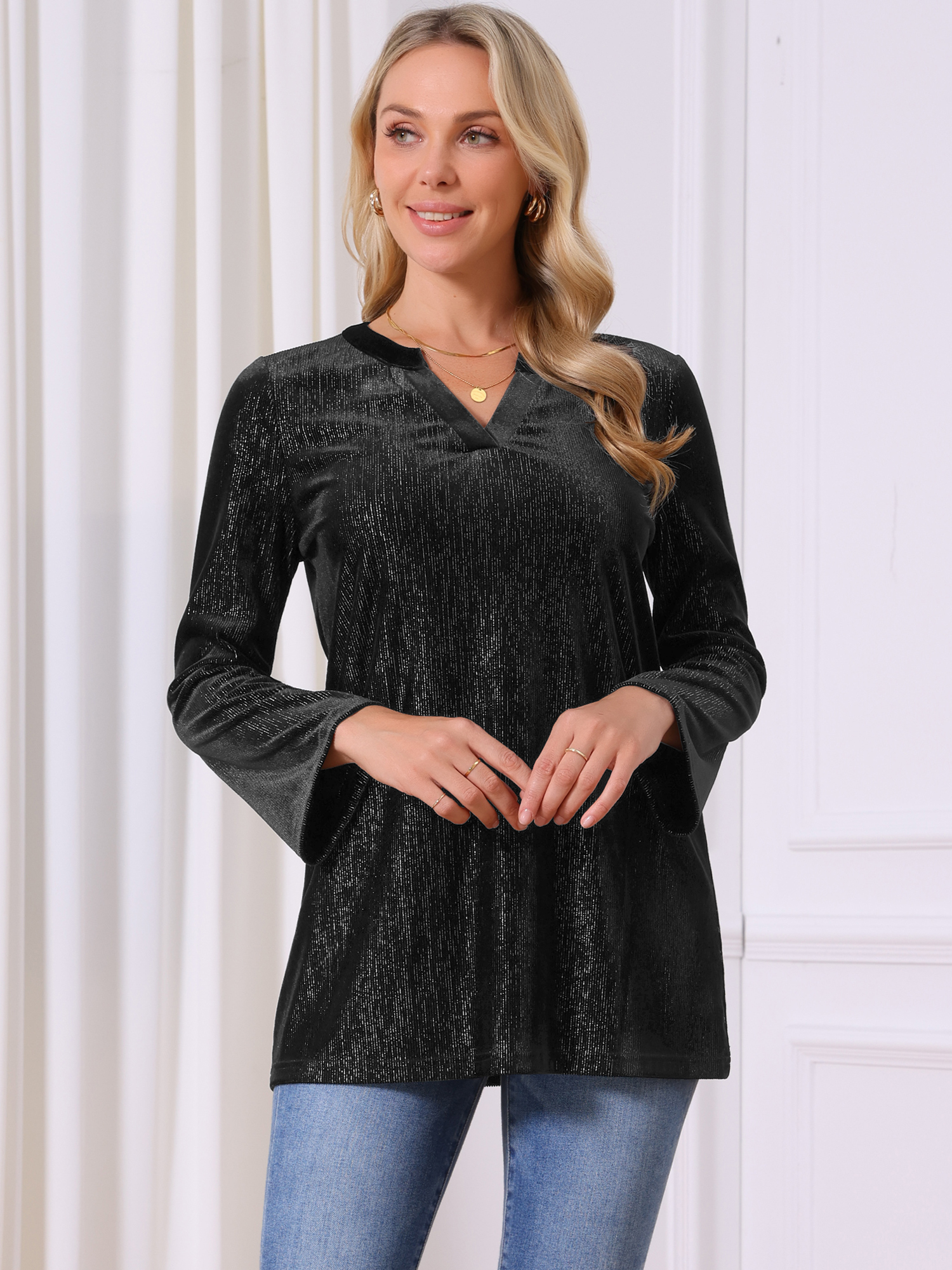 DARING DIVA Women's Velvet V Neck Long Sleeve Metallic Blouse XL Black