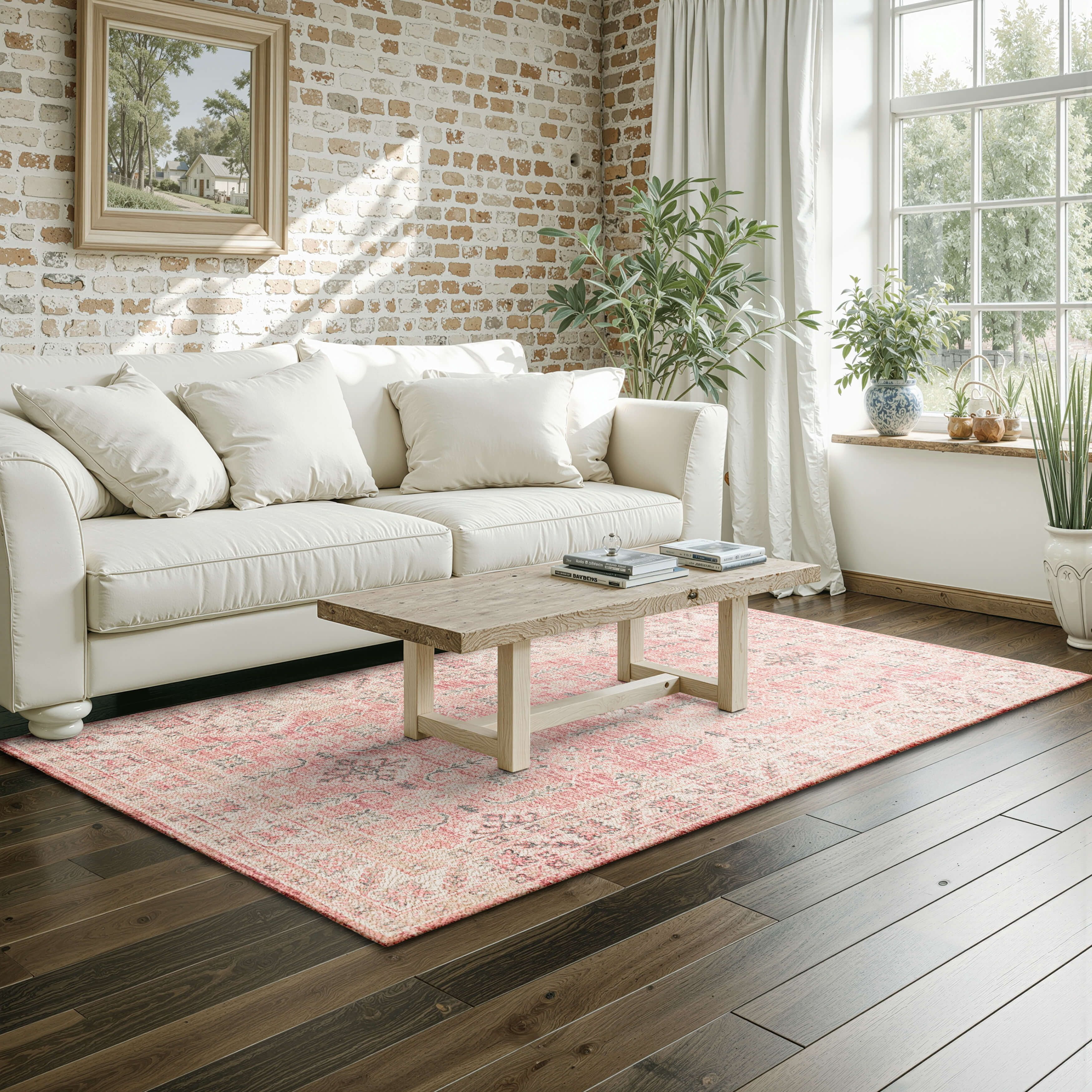 Mainstays Zula Acacia Polyester Low Pile Stain- and Fade-Resistant Indoor Area Rug, Pink, 5 ft x 7 ft