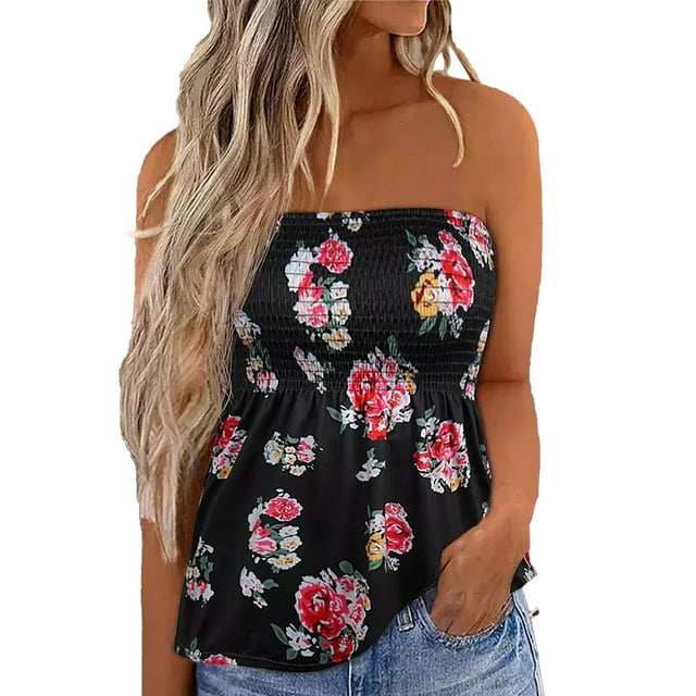 Tops de tubo fruncidos para mujer, Bandeau sin tirantes, estampado plisado, sin mangas, chaleco ajustado tipo 4 L