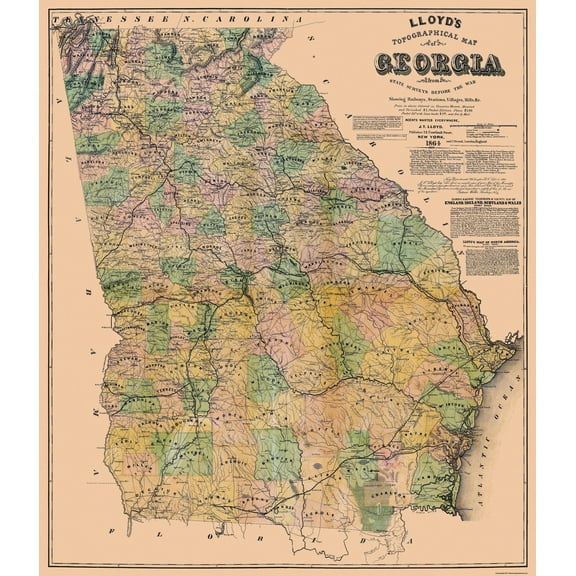 Historic State Map - Georgia - Lloyd 1864 - Vintage Wall Art