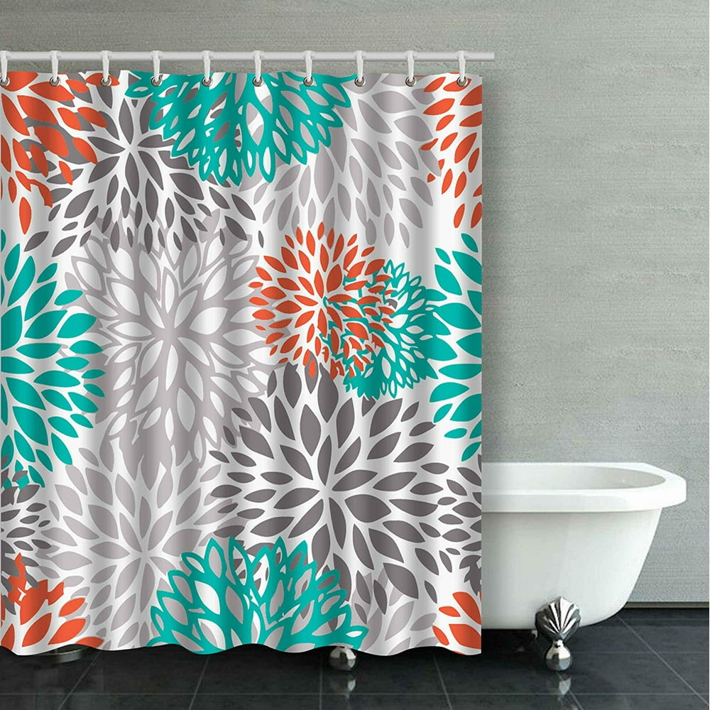 ARTJIA Orange Gray And Turquoise White Dahlia Bathroom Shower Curtain
