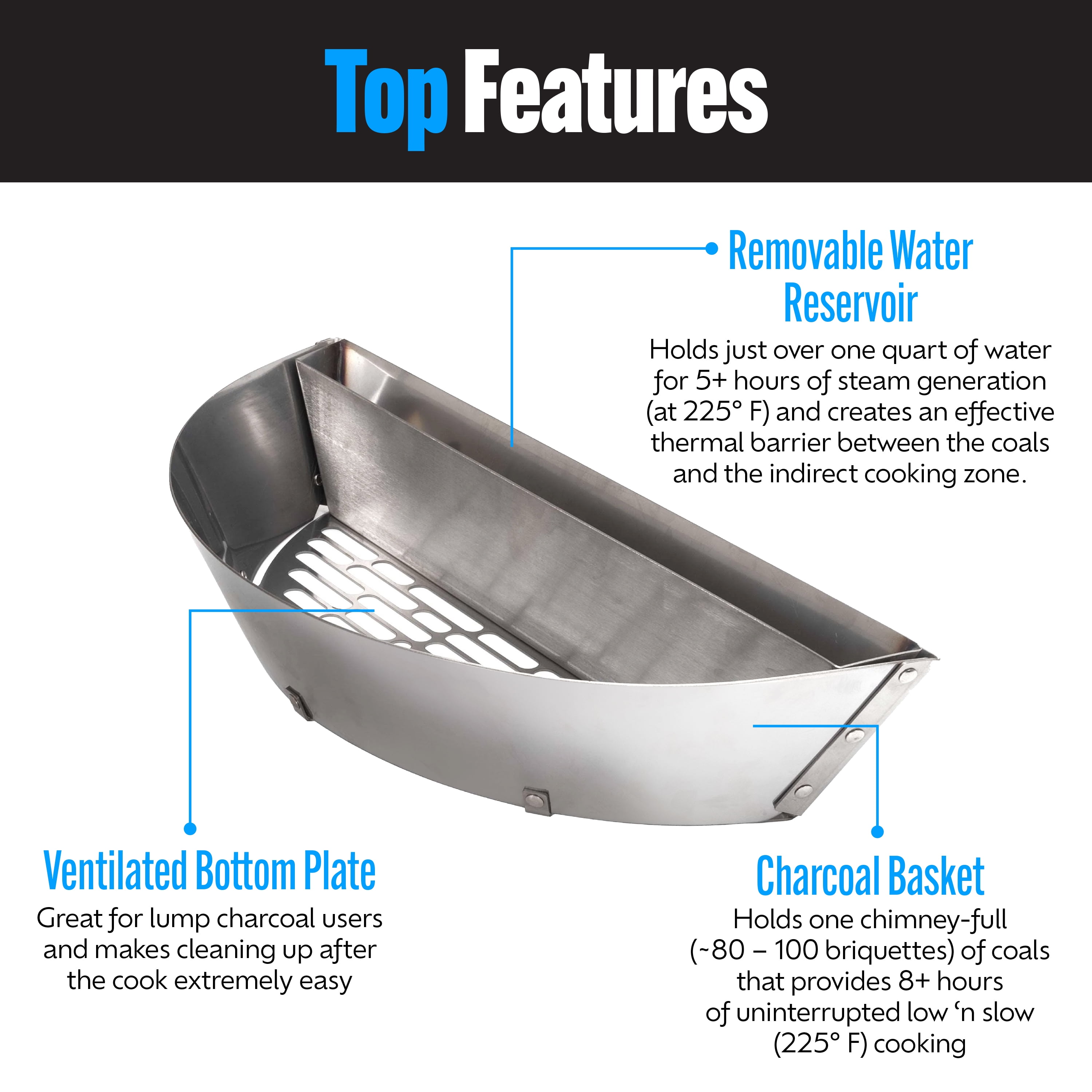 SnS Grills Slow 'N Sear® Low Profile — Stainless Charcoal Basket Insert Engineered for Weber Summit Charcoal Grill, Two-Zone Smoking & Searing