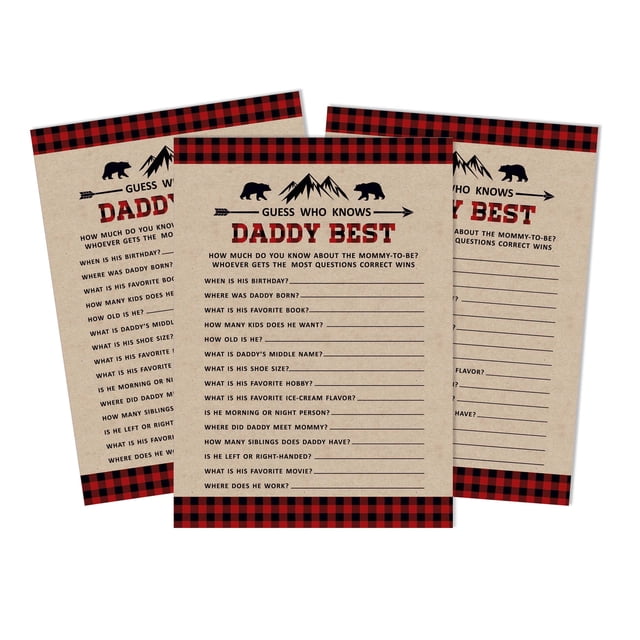 Inkdotpot Lumberjack 50-PackWho Knows Daddy BestRustic Kraft Baby Shower GameCards Gender Neutral FunActivity Cards