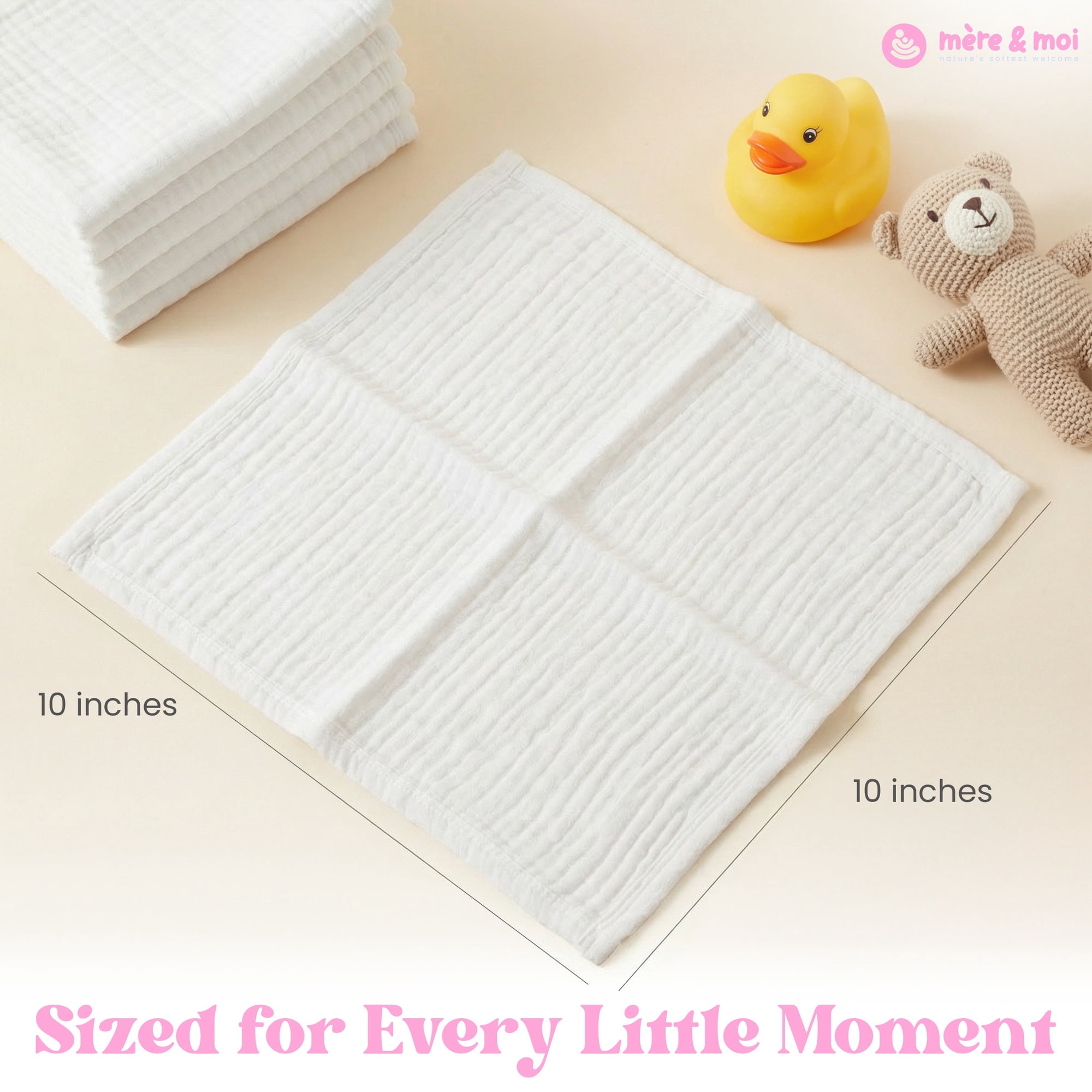 Mère & Moi: Muslin Baby Washcloths – 10 Pack, White - 10x10", Face-Body-Hands Wipe, Bathtime, Soft Cotton, Lightweight & Absorbent, Newborn Daily Care